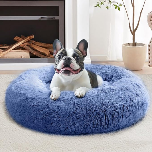 JOLLYVOGUE Calming Dog Bed Large Size Dog, Anti-Anxiety Donut Large Pet Bed, 36 inches Fluffy Faux Fur Round Cat Bed, Fits up to 75 lbs Pets (Navy Blue)
