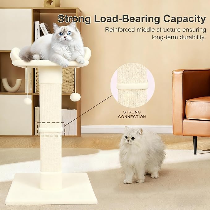 34" Cat Scratching Post for Indoor Cats, Sisal Cat Scratcher with Large Plush Perch, Vertical Posts with Elevated Bed and with Two Dangling Balls, Removable & Washable Cover, Beige White