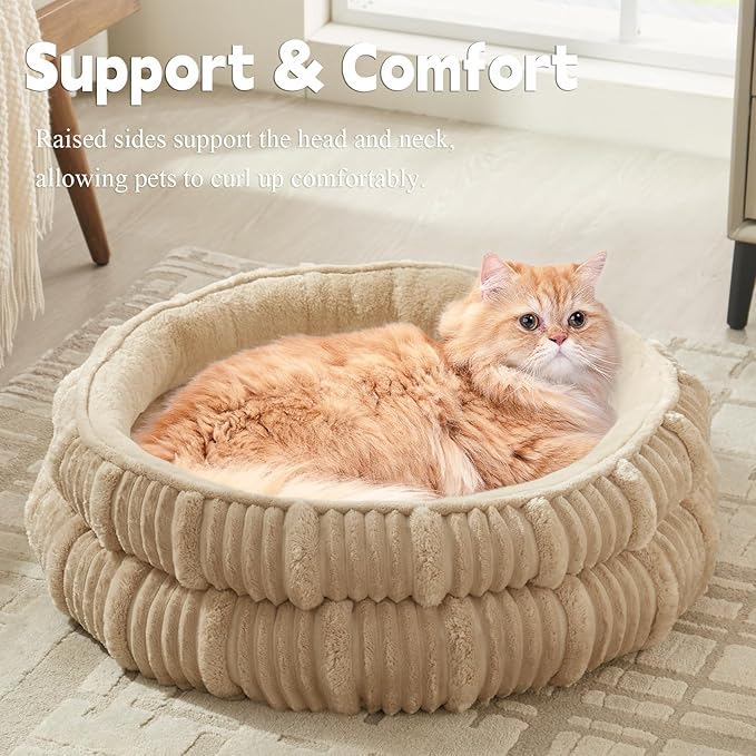 Cat Beds for Indoor Cats,Kitten Bed,Dog Bed for Small Dogs Breeds,Puppy Kennel Bed, Comfy Durable Pet Sleeping Bed, Washable Roun Cat Beds & Non-Slip Bottom, Beige 20" L x 20" W x 8" Th