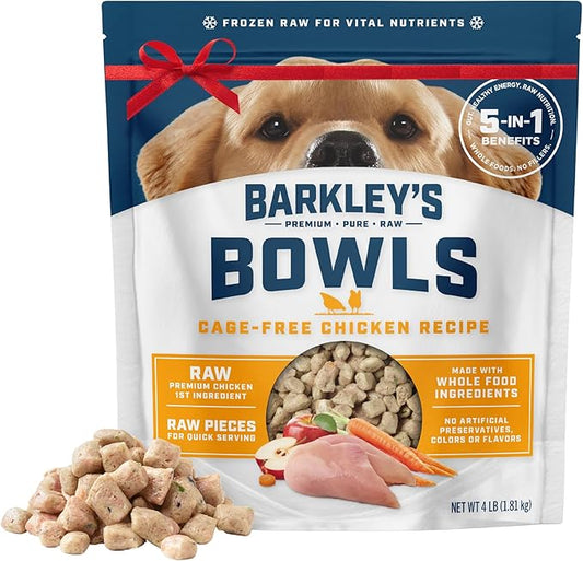Barkley’s Bowls, Frozen Raw Chicken Dog Food, Fresh Whole Food Ingredients with Cage-Free Chicken, Grain Free, High Protein for Balanced Nutrition, Frozen Meals with Human Grade Ingredients, 4 lb Bag
