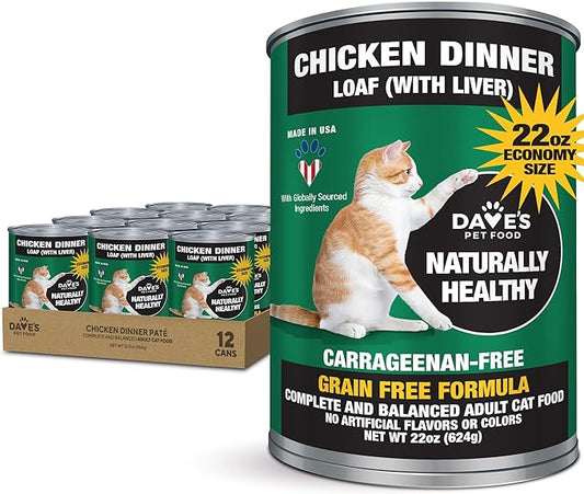 Dave's Pet Food Grain Free Wet Cat Food Pate (Chicken), Made in USA Naturally Healthy, Economy Size, Multi-Cat Families, Canned, 22 oz Cans (12 Pack)