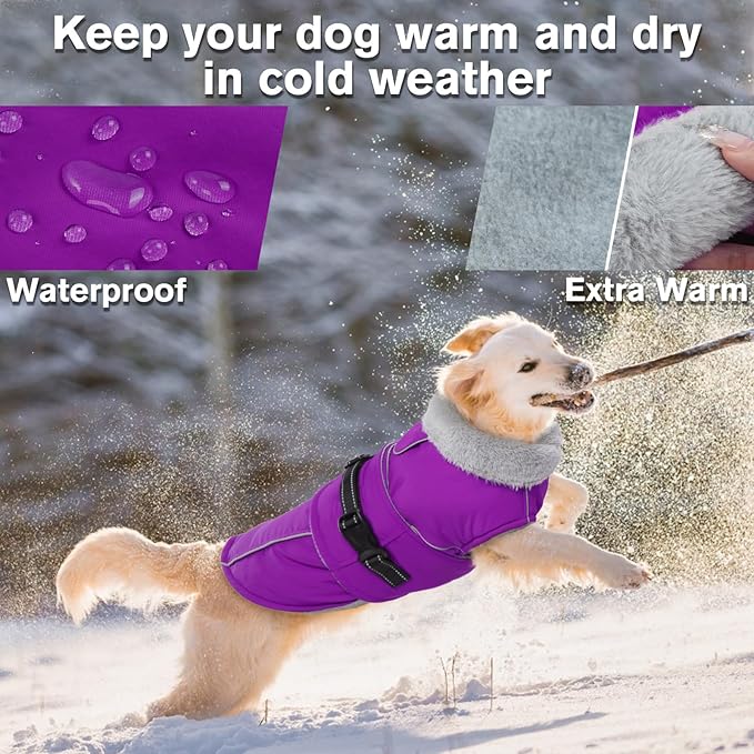Lelepet Warm Dog Winter Coats for Large Dogs Waterproof Dog Jacket Reflective Pet Fleece Vest Windproof Cold Weather Coats with Adjustable Buckle & Leash Hole, Purple, XL