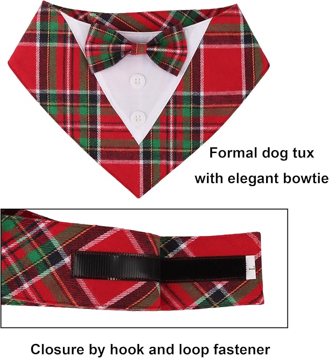 ADOGGYGO Christmas Dog Tuxedo Bandana, Red Green Plaid Pet Xmas Collar with Bow, Adjustable Christmas Costume for Extra Large Dogs (XL)