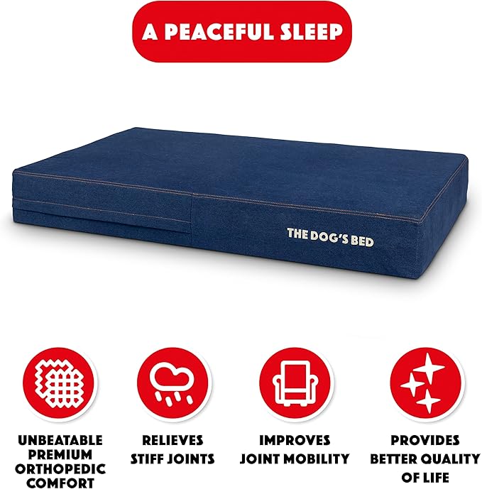 The Dog’s Bed Orthopedic Memory Foam Dog Bed, XL Blue Denim, Pain Relief for Arthritis, Hip & Elbow Dysplasia, Post Surgery, Lameness Supportive, Calming, Waterproof Washable Cover Veterinary Approved