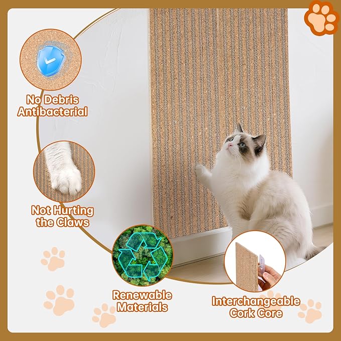 Cork cat Scratch pad for Cats-cat Scratching Posts-cat scratchers for Indoor Cats-cat Scratcher Furniture for Wall & Floor - Natural Cork & Cardboard Blend, No Mess Splinters Easy Clean【2-Pack】