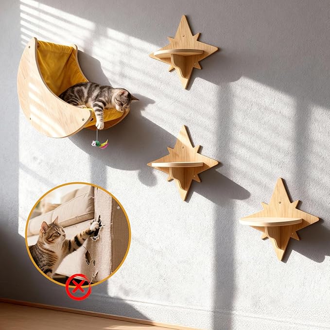 Cat Wall Shelves, Moon and Star Cat Wall Furniture for Indoor, Multi-Level Wooden Climbing Set with Cute Toys