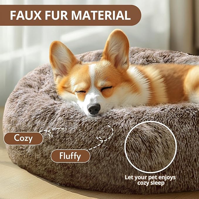 JOLLYVOGUE Calming Dog Bed Medium Size Dog, Anti-Anxiety Donut Medium Pet Bed, 31 inches Fluffy Faux Fur Round Cat Bed, Fits up to 45 lbs Pets (Smoke Brown)