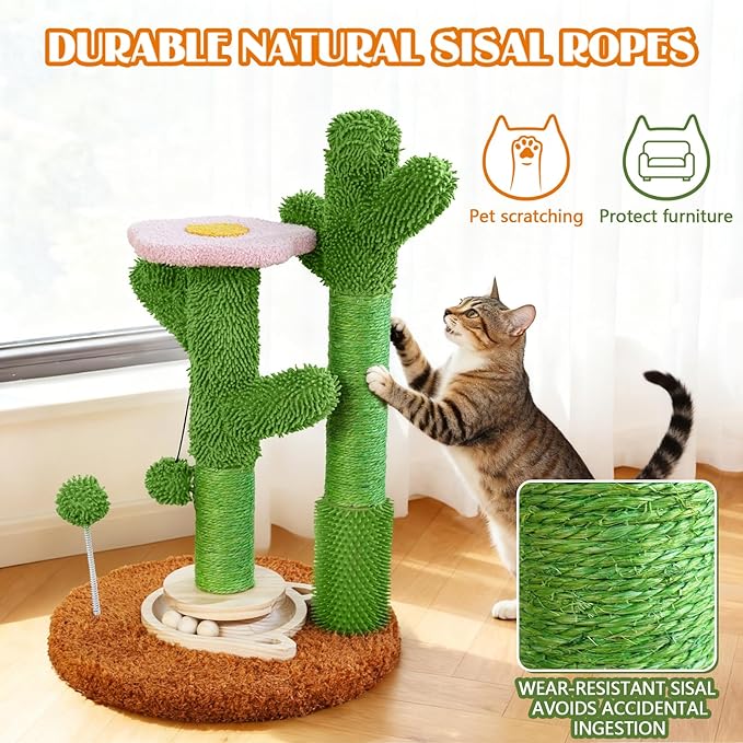 2025 New DIY 9+ Installation Styles Cactus Cat Scratching Post with Self-Grooming Brush and Ball Toy | Modular Sisal Cat Scratching Post for Indoor Cats and Kittens, Customizable Cat Furniture