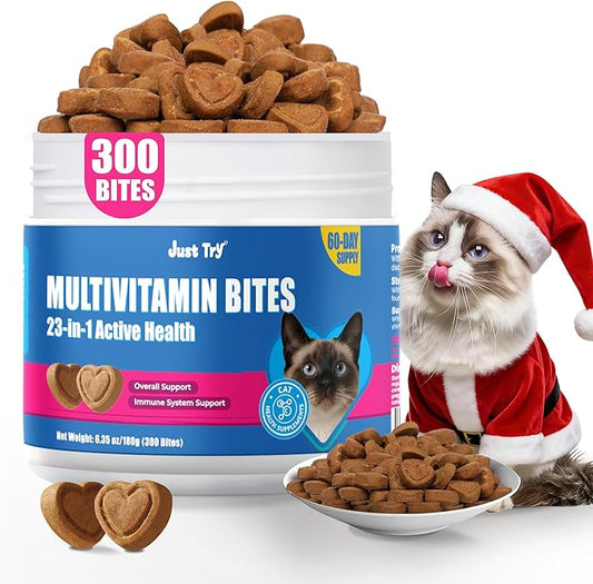 Just Try 23 in 1 Taurine for Cats Vitamins Treats with L-Lysine for Immune, Joint Support Skin & Coat & Heart Health - Multivitamin, Omega 3, Biotin Supplements for Indoor & Senior Cats - 300 Bites