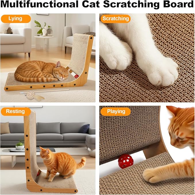 L-Shaped Cat Scratcher 2-in1 Scratching Board for Indoor Cats Protecting Furniture Cardboard Box Scratch Pad with Ball Toy Cats Scratching Posts with Cat Teaser