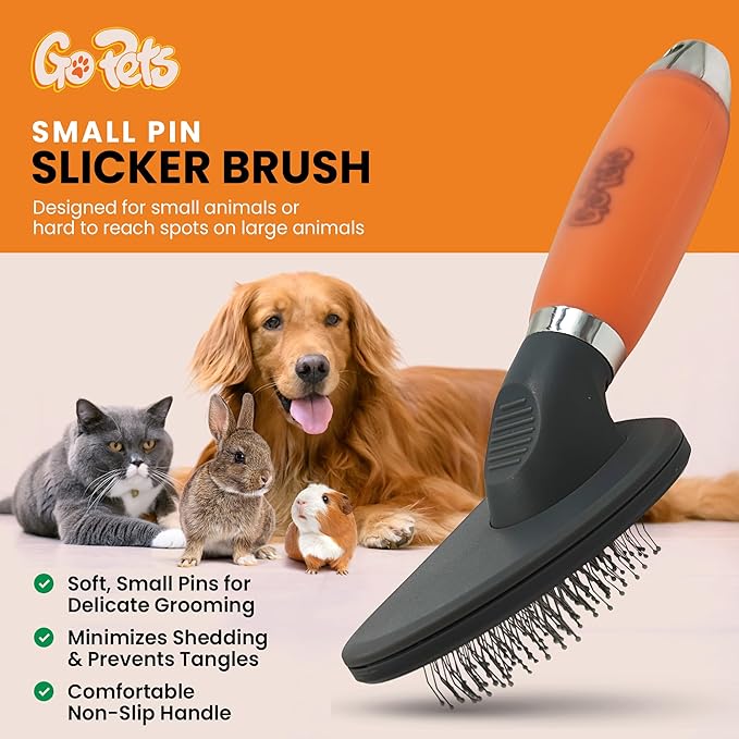 GoPets Small Pin Slicker Brush, Easy-Groom Pin Comb for Tangles & Shedding, Rounded Safety Tips, Dematting Brush for Short & Long Hair Cats, Dogs & Furry Pets, Ideal for Sensitive, Hard-to-Reach Areas