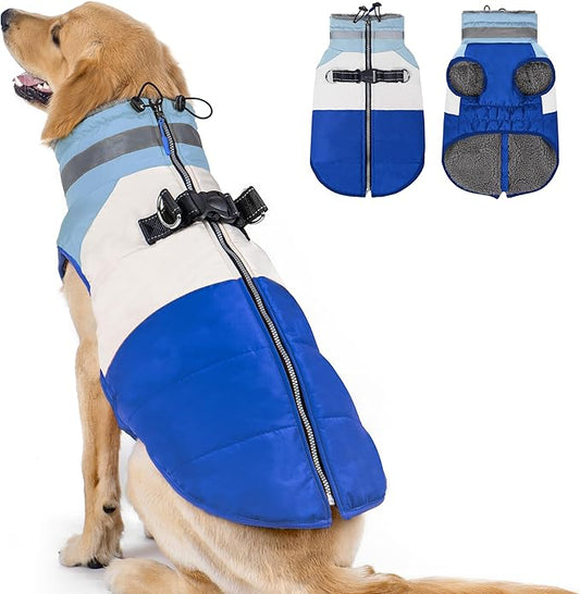 azuza Dog Jacket for Medium Dogs Waterproof Dog Coat with Reflective Strips and Harness Built in Warm Fleece Dogs Winter Coat Windproof with Back Zipper, Blue 2XL