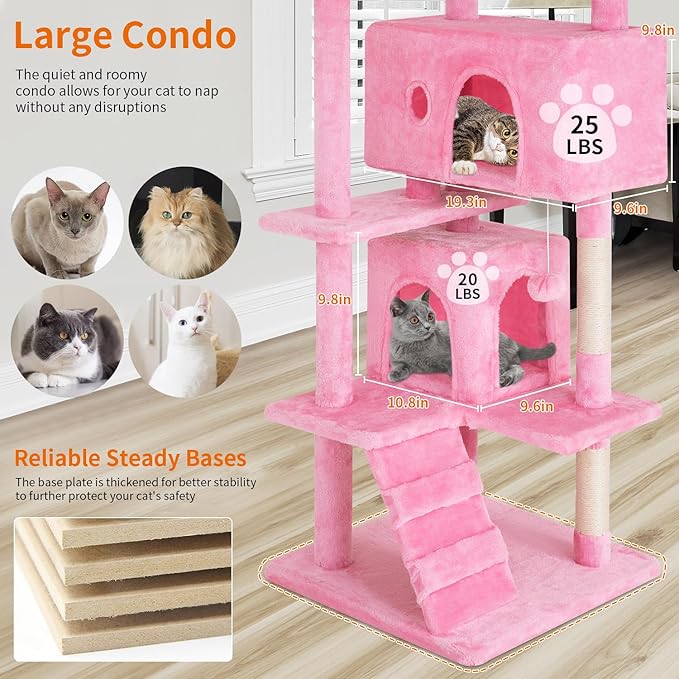 PayLessHere Cat Tree 54in Cat Tower with Cat Scratching Post, Multi-Level Cat Condo Stand House Furniture Kitty Activity Center with Furry Ball Toys for Indoor Cats (Pink)