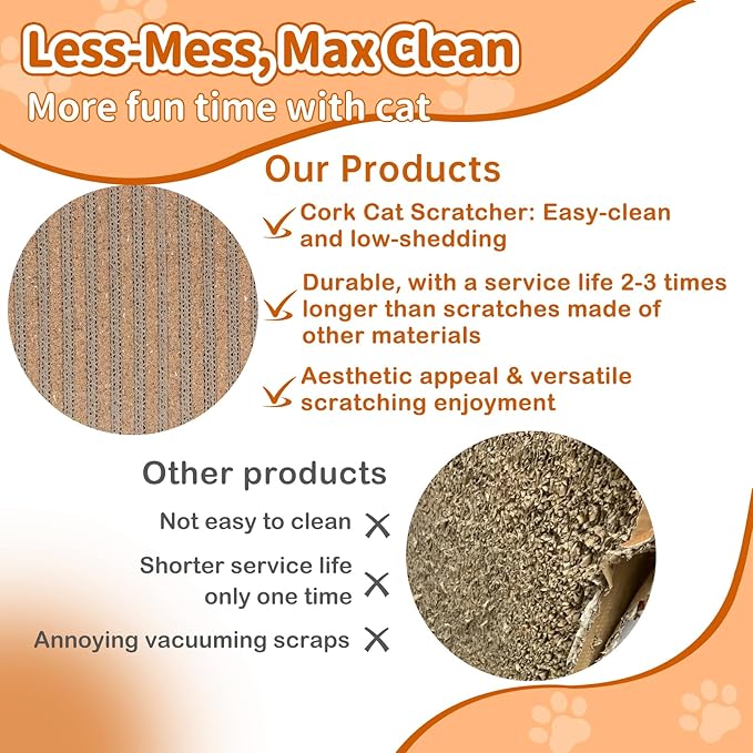 Cork Cat Scratcher Boards for Wall & Floor - Natural Cork & Cardboard Blend, No Mess Splinters, Durable Easy Clean - Adjustable Height for All Cats, Furniture Protector【3-Pack】