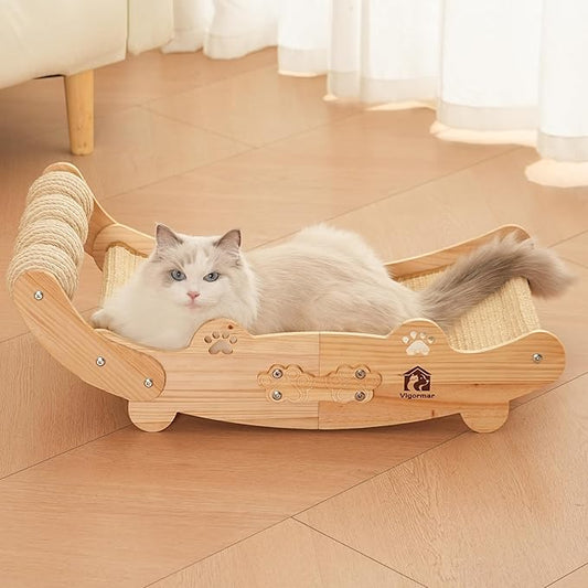 Sisal Cat Scratch Pad, Wooden Cat Scratching Board with Sisal Cat Scratch Mat and 4 Balls, Cat Scratchers for Indoor Cats Scratch & Lounger & Sleep (Large Size, Nature Wood)