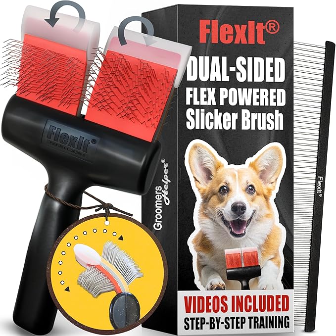 FlexIt Flexible Slicker Brush for Dogs - Professional 3-in-1 System & Video Trainings - Dual-Sided Dematting, Undercoating & Finishing Dog Grooming Brush by Groomers Helper (Single, Firm Flex)