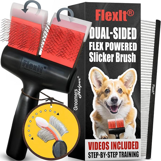 FlexIt Flexible Slicker Brush for Dogs - Professional 3-in-1 System & Video Trainings - Dual-Sided Dematting, Undercoating & Finishing Dog Grooming Brush by Groomers Helper (Double, Firm Flex)