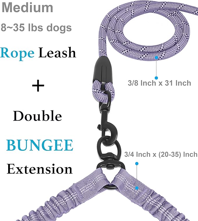 iYoShop Dual Dog Leash - 360° Swivel, No Tangle Walking Leash with Shock Absorbing Bungee for Two Dogs (Medium, 8-35 lbs, Lavender)
