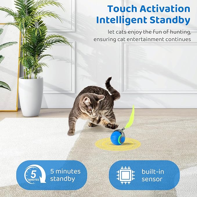 Interactive Cat Toys for Indoor Cats-Rechargeable Moving Cat Toy Ball with USB Charging, 3 Speedy Replaceable Tails & Random Motion Modes, Cat Chase Toy for Bored Indoor Cats,Auto Roll