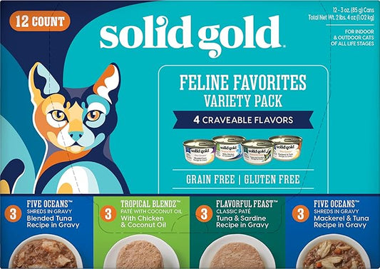 Solid Gold Wet Cat Food Variety Pack - Pate & Shreds in Gravy - Healthy Canned Cat Food Pate w/Real Chicken, Tuna, Mackerel & Sardine - Grain Free & Gluten Free Can Meals for Cats & Kittens - 12ct/3oz