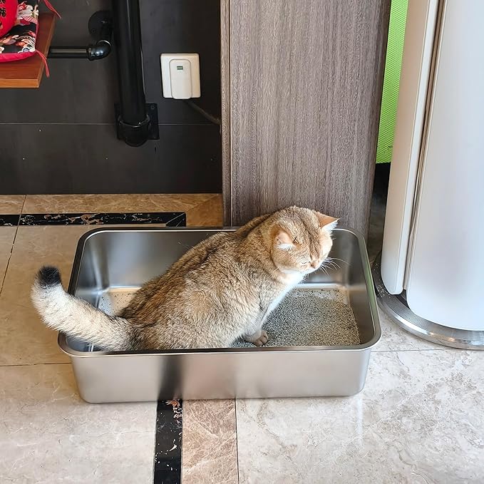 Stainless Steel Litter Box -6in High Side,Metal Litter Box for Cat/Kitty/Rabbits 17" L x 13.8" W x 6" H，Stainless Steel Cat LitterBox-Metal PanToilet,No Smell, Non Stick, Easy Clean