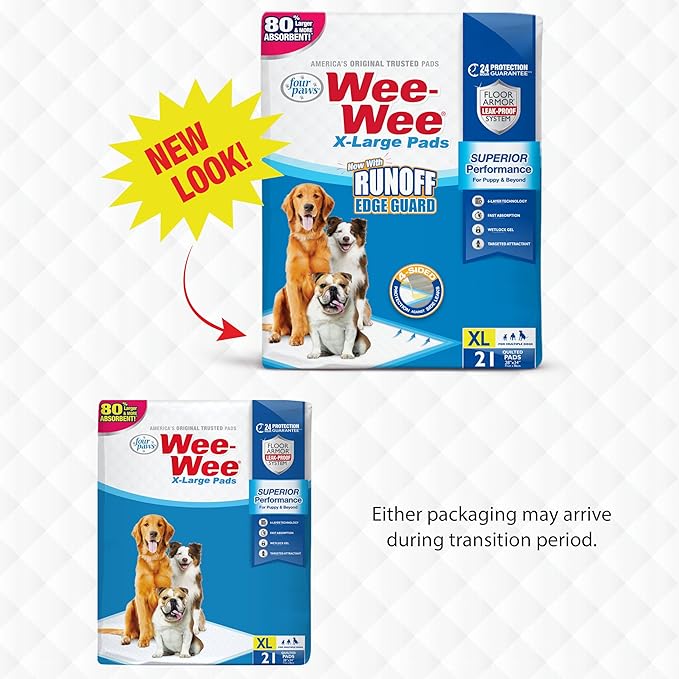 Four Paws Wee-Wee Superior Performance Unscented Extra-Large Pee Pads for Dogs & Puppies, Quilted Leak-Proof Dog Housebreaking Potty Training Floor Protection, 28" x 34", 21 Count