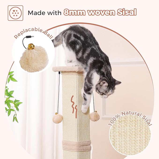 Large Cat Scratching Post with Heavy Duty Base 33" Sturdy Square Sisal Scracher Post and 2 Interactive Hanging Balls for Big Cats-Beige