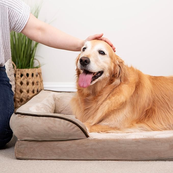 Furhaven Cooling Gel Dog Bed for Large/Medium Dogs w/ Removable Bolsters & Washable Cover, For Dogs Up to 55 lbs - Plush & Velvet Waves Perfect Comfort Sofa - Brownstone, Large