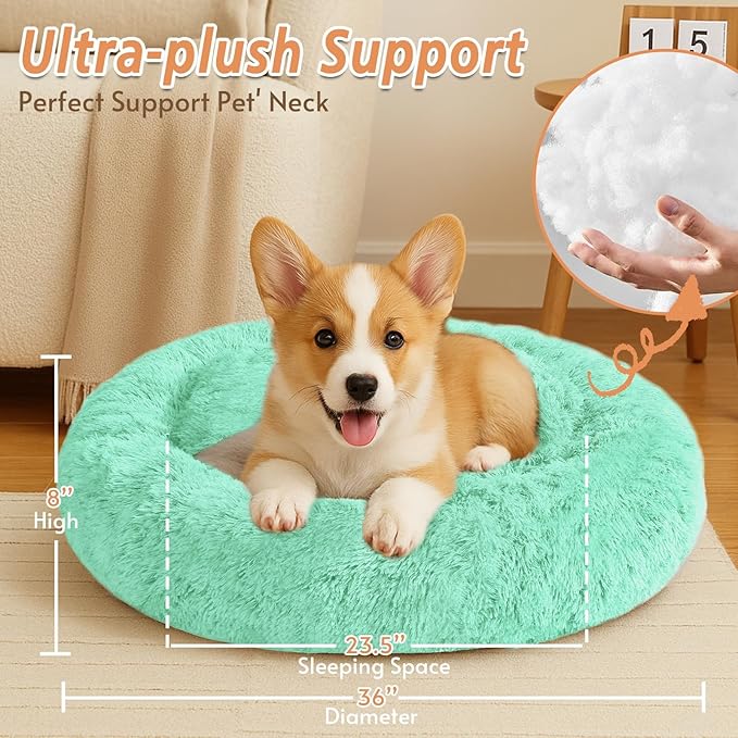 JOLLYVOGUE Calming Dog Bed Large Size Dog, Anti-Anxiety Donut Large Pet Bed, 36 inches Fluffy Faux Fur Round Cat Bed, Fits up to 75 lbs Pets (Mint Green)