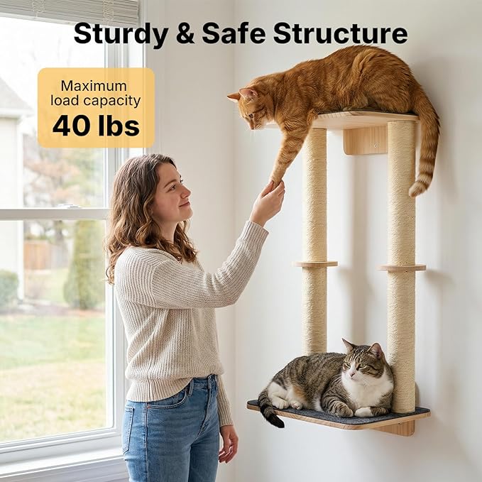 Veehoo Wall Mounted Cat Scratcher, 28.3" Cat Wall Scratcher with Dual Sisal Scratching Posts and Large Carpeted Perch, Corner Climbing Pole for Indoor Cats