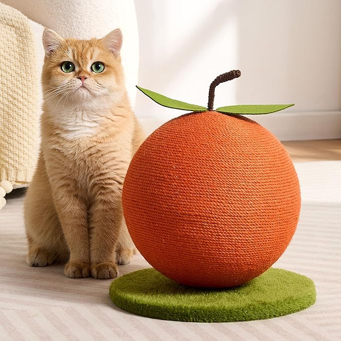 Orange Cat Scratching Post, Cute Cat Scratcher with Sisal Rope, Cat Scratch Post for Indoor Adult Cat and Kitten, Cat Scratching Ball