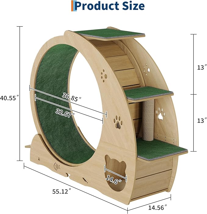 4-in-1 Cat Wheels for Indoor Cats, 40 Inch Large Cat Exercise Wheel, Running Treadmill Wheel with Carpeted Runway, Scratcher