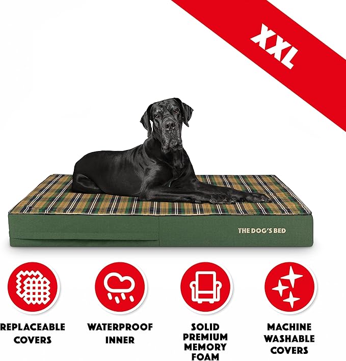 The Dog’s Bed Orthopedic Memory Foam Dog Bed, XXL Green Tartan, Pain Relief for Arthritis, Hip & Elbow Dysplasia, Post Surgery, Lameness, Supportive, Waterproof Washable Cover, Veterinary Approved