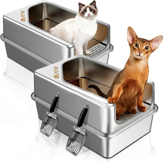 PETNF All Metal Cat Litter Box - All Stainless Steel Litter Box, Odor-Free Large Capacity with Included Litter Scoop, Leak-Proof High-Sided, Easy-to-Maintain for Big Cats & Multi-Cat Homes (2 Pack)