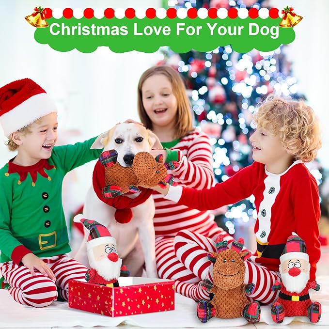 Christmas Dog Toys,2 Packs of Cute Santa Claus and Reindeer Shapes,Squeaky Plush Interactive Chew Pet Toys,Gifts for Small Medium and Large Dogs