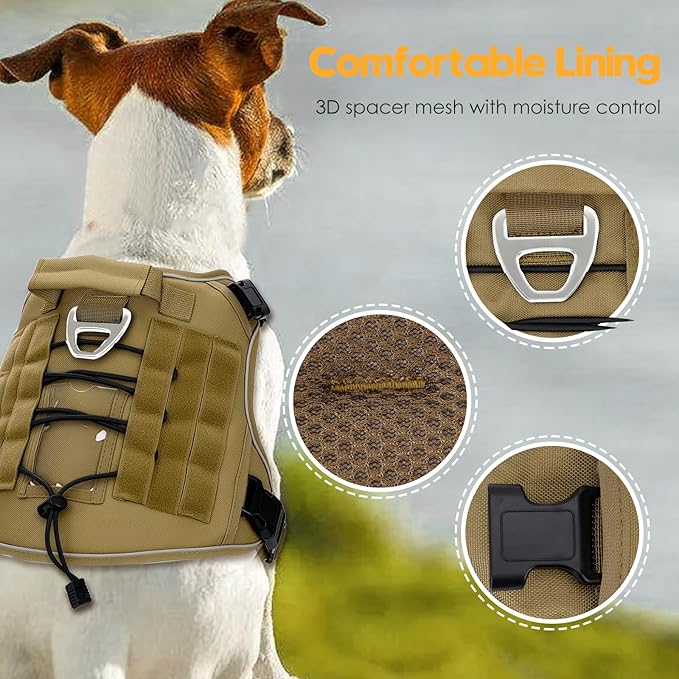 Heavy-Duty Tactical Dog Harness for Large Dogs, No Pull Adjustable Reflective Pet Vest with Molle System, K9 Military-Grade Control for Service Training, Outdoor & 10+ Breeds, Khaki, Large
