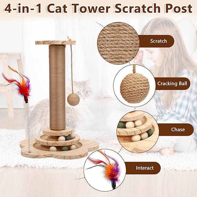 Cat Scratching Post, Cat Tower Scratch Post, Cat Tower with Scratching Post, Wooden Cats Tree with Solid Wood Waterproofing Base Cat Toy and Interactive Ball for Adult Cats & Kittens (Large)