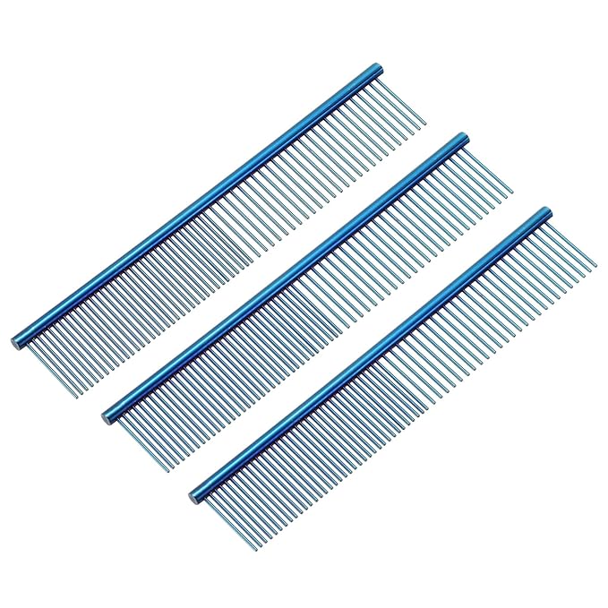 Dog Cat Comb, Pet Combs Stainless Steel Teeth with Rounded Ends for Knots Mats Loose Hair Removal, 7.5IN (Blue Plated, 3 Pack), Grooming Tool Intended for Long Curly Hair Pet