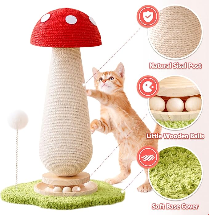 Mushroom Cat Scratching Post Cat Tree, 21.5‘’ H Cute Cat Scratcher Tower with Durable Solid Wood Turntable Toy, Mushroom Scratch Post Cat Sisal Scratcher with Catnip for Indoor Adult Cats