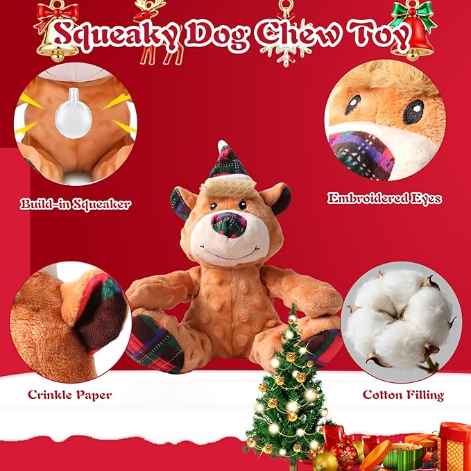 Christmas Squeaky Dog Toys for Large Dogs, Interactive Tug of War Bear to Keep Them Busy - XMS Bear with Crinkle Paper for Puppy Small Medium Large Dogs