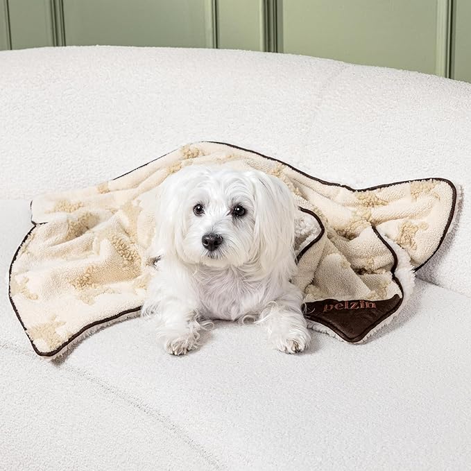 Embossed Sherpa Dog Blankets for Small Dogs - Waterproof Cat Blankets for Indoor Cats - Heavy Duty Couch Cover Protector - Soft Reversible Throw Furniture Protection - Small, Cream