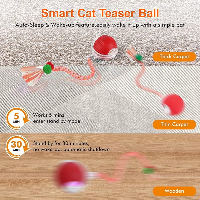 Interactive Cat Toys for Indoor Cats, Automatic Kitten Toys for Bored Indoor Adult Cats, Smart Kitten Rolling Ball Moving Balls Toy, Rechargeable Dog Cat Ball for Enrichment Exercise (Red+Blue)