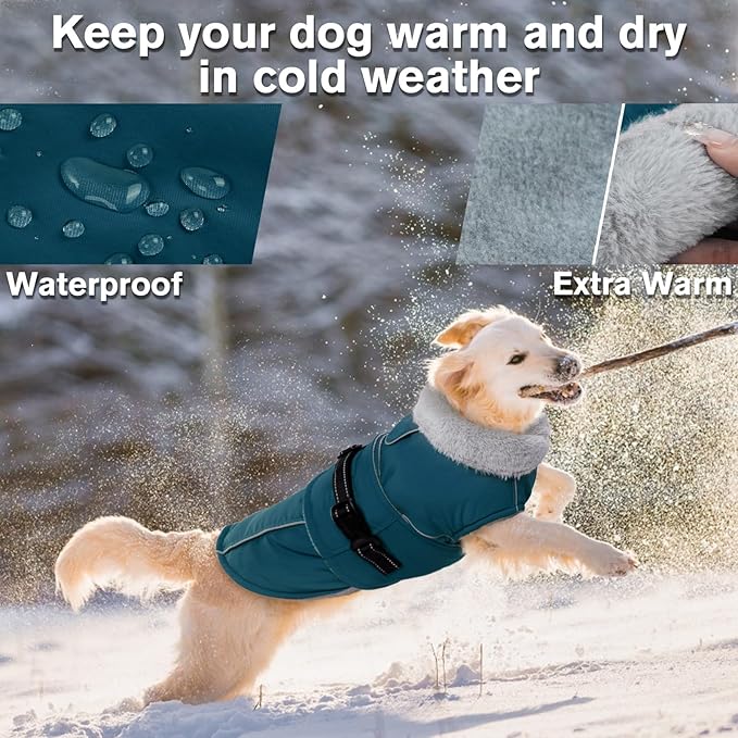 Lelepet Warm Dog Coats for Large Dogs Waterproof Dog Winter Jacket Reflective Pet Fleece Vest Windproof Cold Weather Coats with Adjustable Buckle & Leash Hole, Dark Green, XL