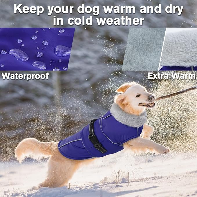 Lelepet Warm Dog Winter Coat Waterproof Dog Jacket with Adjustable Buckle & Leash Hole Reflective Pet Fleece Snowsuit Turtleneck Windproof Cold Weather Coats, Blue, M