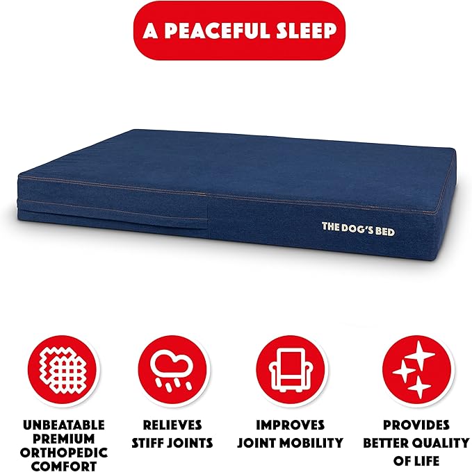 The Dog’s Bed Orthopedic Memory Foam Dog Bed, XXL Blue Denim Pain Relief for Arthritis, Hip & Elbow Dysplasia, Post Surgery, Lameness Supportive, Calming, Waterproof Washable Cover Veterinary Approved