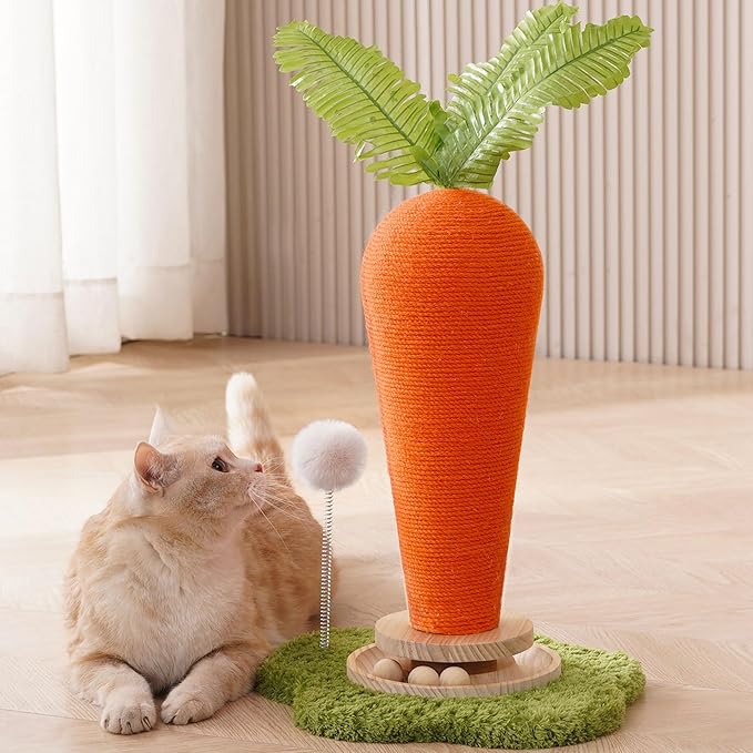 Cute Cat Scratching Post, Carrot Cat Scratcher Post with Durable Natural Wooden Turntable Toy and Catnip, 24'‘ H Carrot Shape Design Sisal Cat Tree Sisal Scratcher for Indoor Cats (Cloud Base)