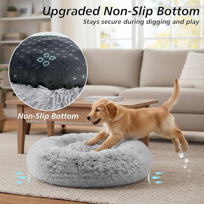 JOLLYVOGUE Calming Small Dog & Cat Bed for Indoor Cats - 20 inches Washable Donut Bed for Kittens & Puppies, Anti-Anxiety Round Fluffy Plush Pet Beds (Fits up to 15 lbs, Grey)
