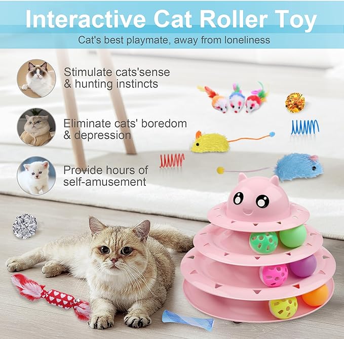 UPSKY 3-Level Turntable Kitten Toys Set - 24 PCS Interactive Cat Roller for Indoor Cats, Catnip, Teaser, Mice, Spring, and Various Ball Toys for Kitty