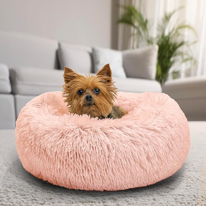 Best Friends by Sheri Original Calming Donut Dog and Cat Bed, Shag Faux Fur, Cotton Candy Pink, XS (18in x 18in) - Anxiety Relief for Pets Up to 10 lbs