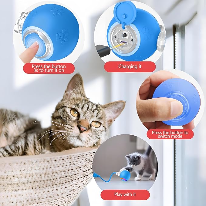 Interactive Cat Ball Toy – Motion Activated, RGB Lighting, 3 Motion Modes-Automatic Cat Ball for Bored Indoor Cats(Blue)